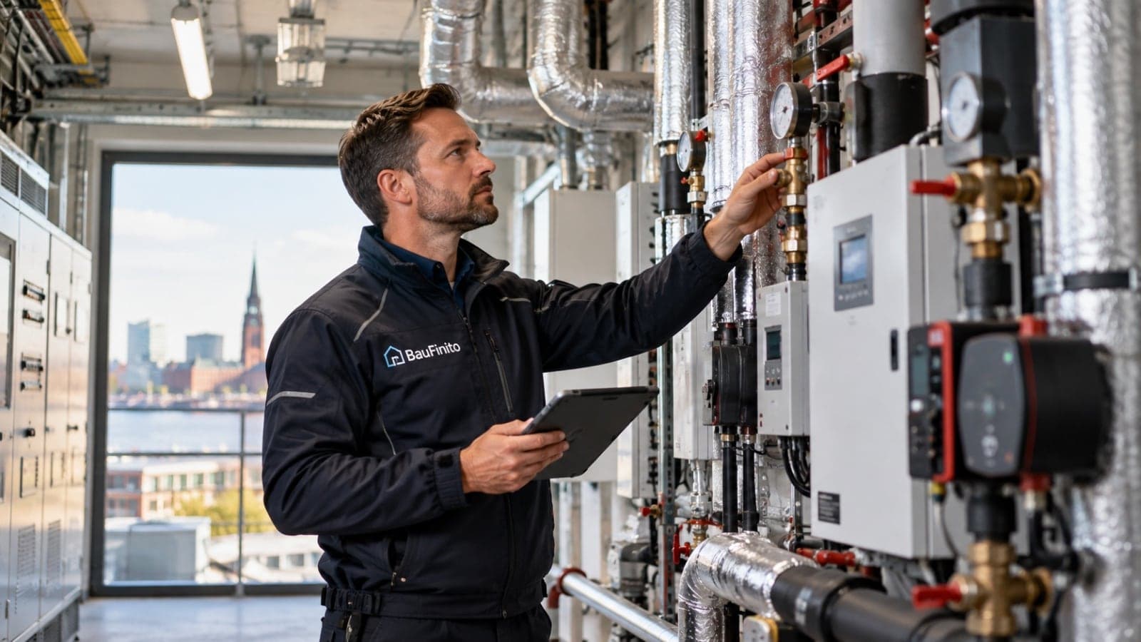BauFinito-Techniker bei der Kontrolle der Haustechnik in einem Technikraum