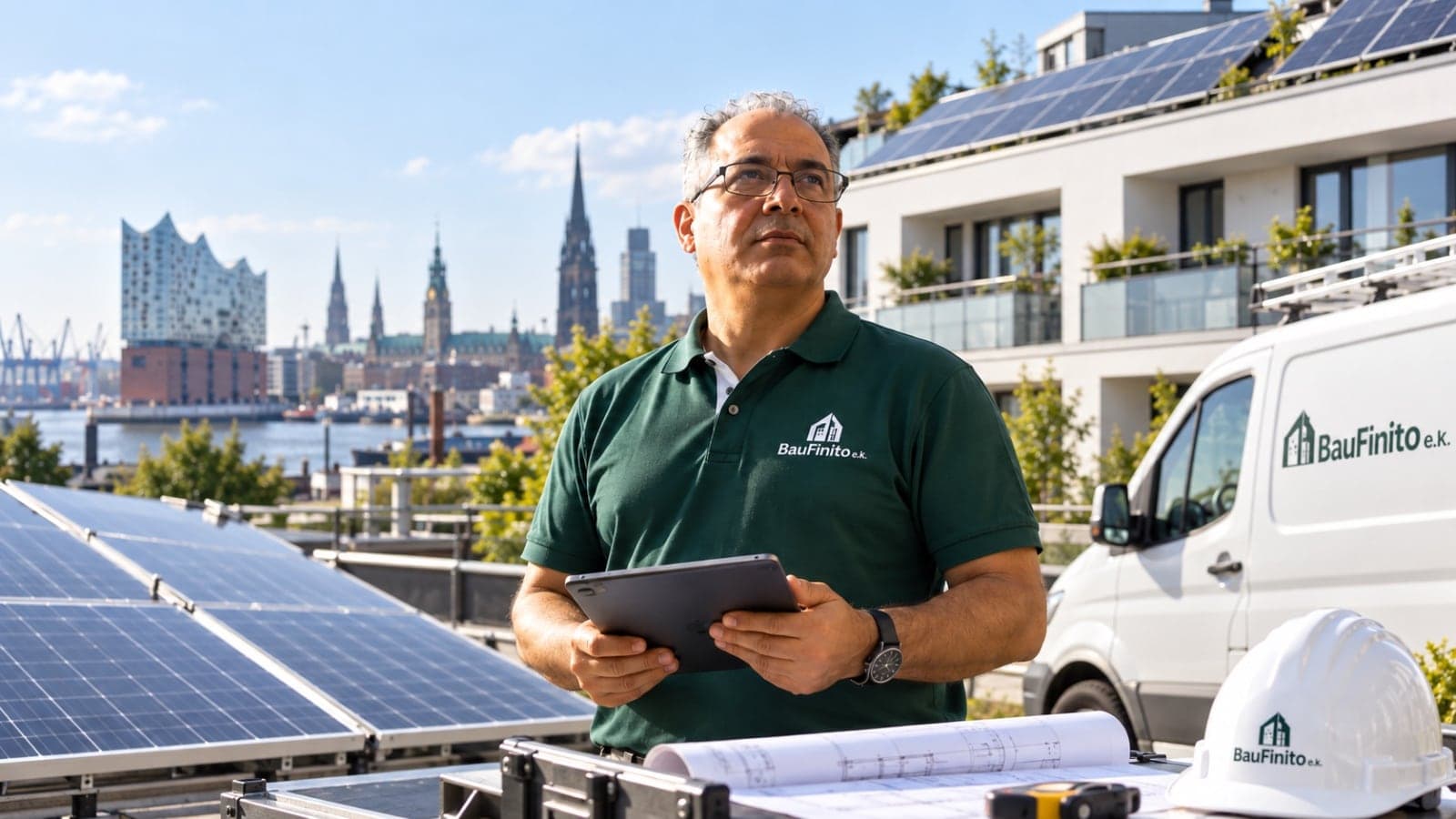 BauFinito-Techniker bei der Kontrolle einer Photovoltaikanlage auf einem Hamburger Dach