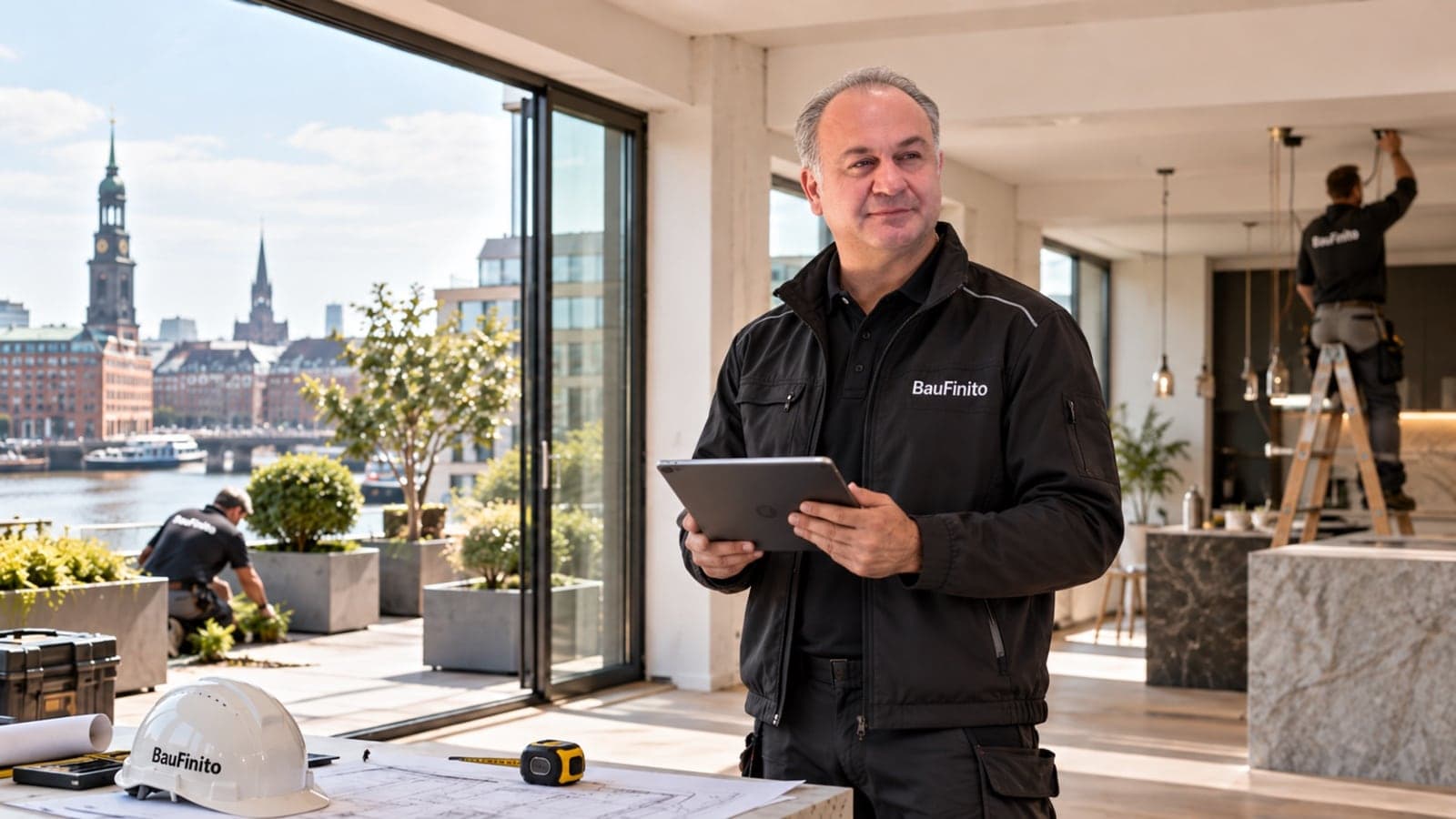 BauFinito-Projektleiter mit Tablet in einer modernisierten Hamburger Wohnung mit Blick auf die Elbe, im Hintergrund Handwerker bei der Arbeit