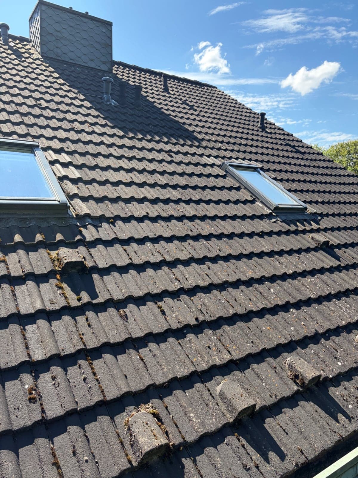 Übersicht der Dachfläche mit Dachfenstern und Schornstein