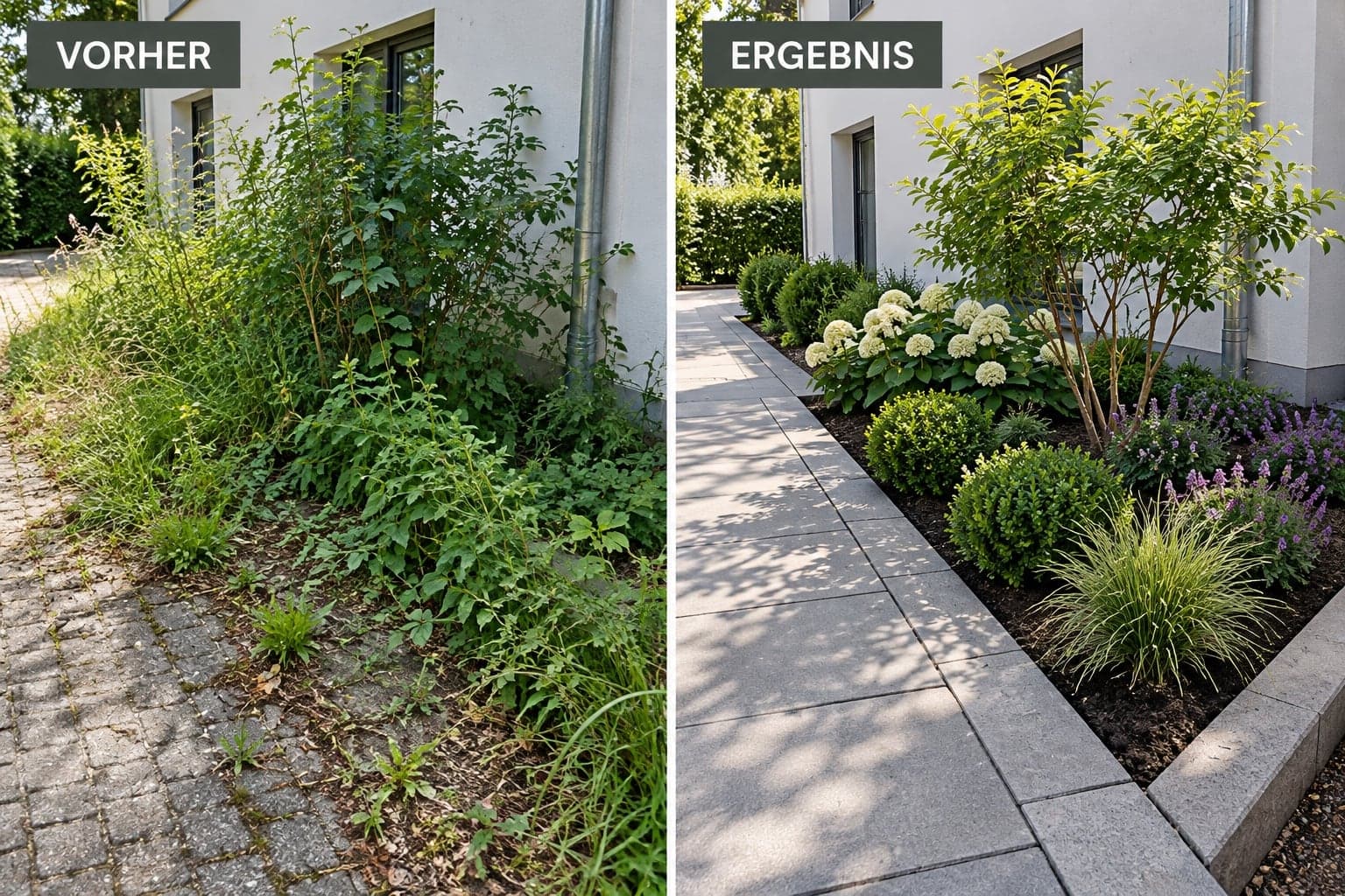 Vorher/Ergebnis-Vergleich des neu angelegten Beets entlang der Einfahrt
