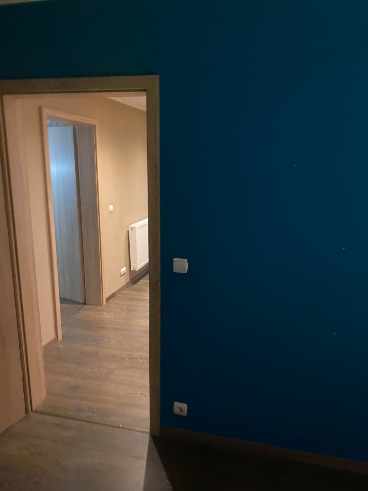 Renovierter Flur mit dunkelblauer Akzentwand und neuem Laminatboden