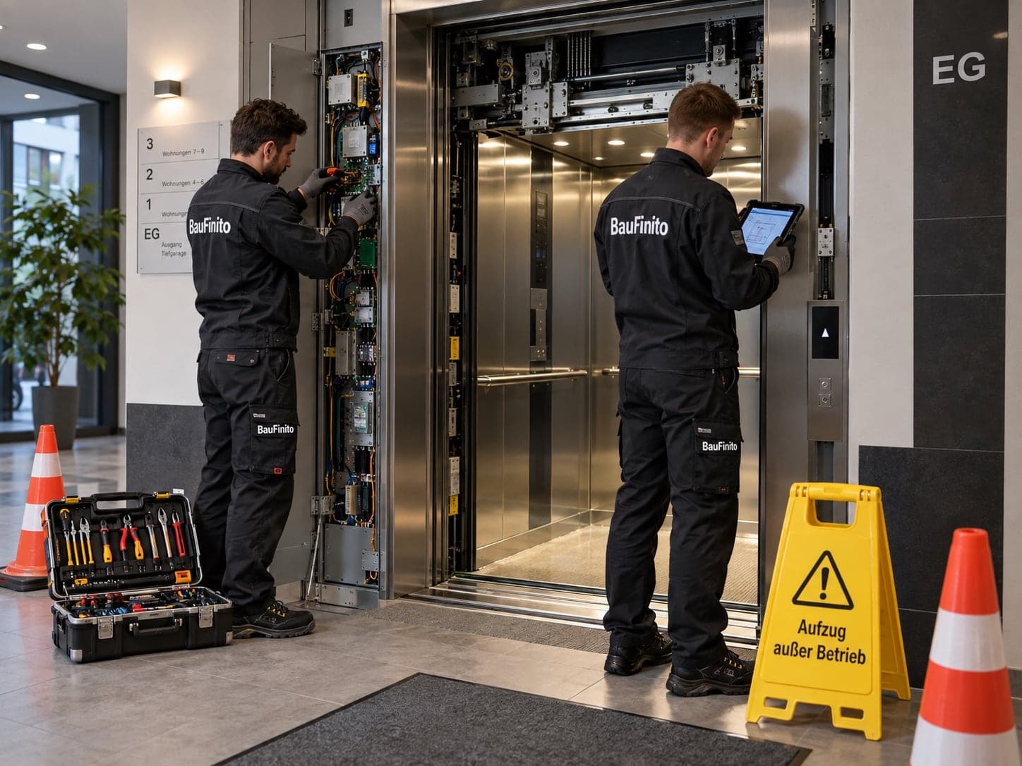 Zwei BauFinito-Techniker bei der Wartung einer Aufzugsanlage mit geöffnetem Schaltschrank