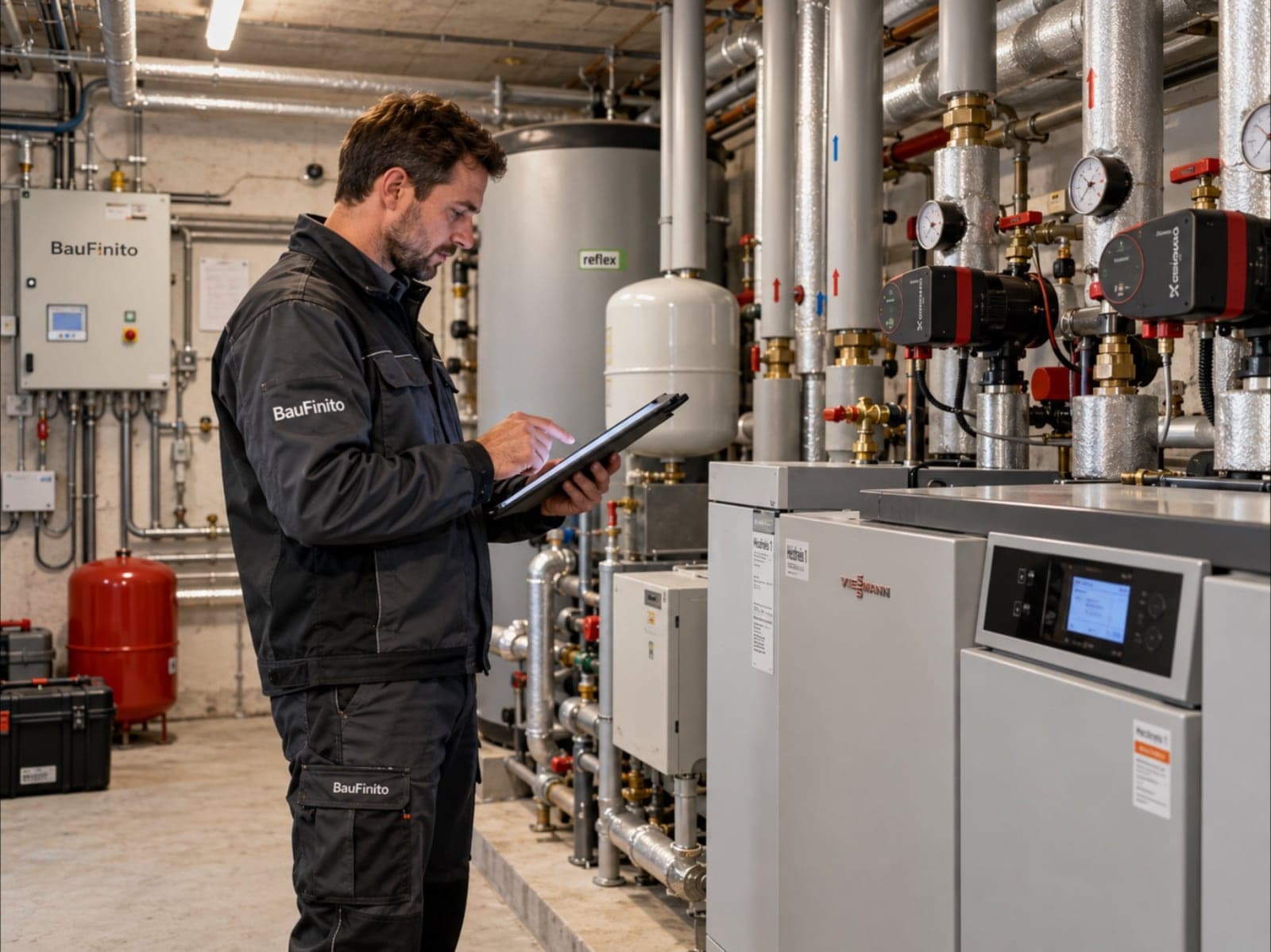 BauFinito-Techniker prüft mit Tablet die Heizungsanlage im Technikraum